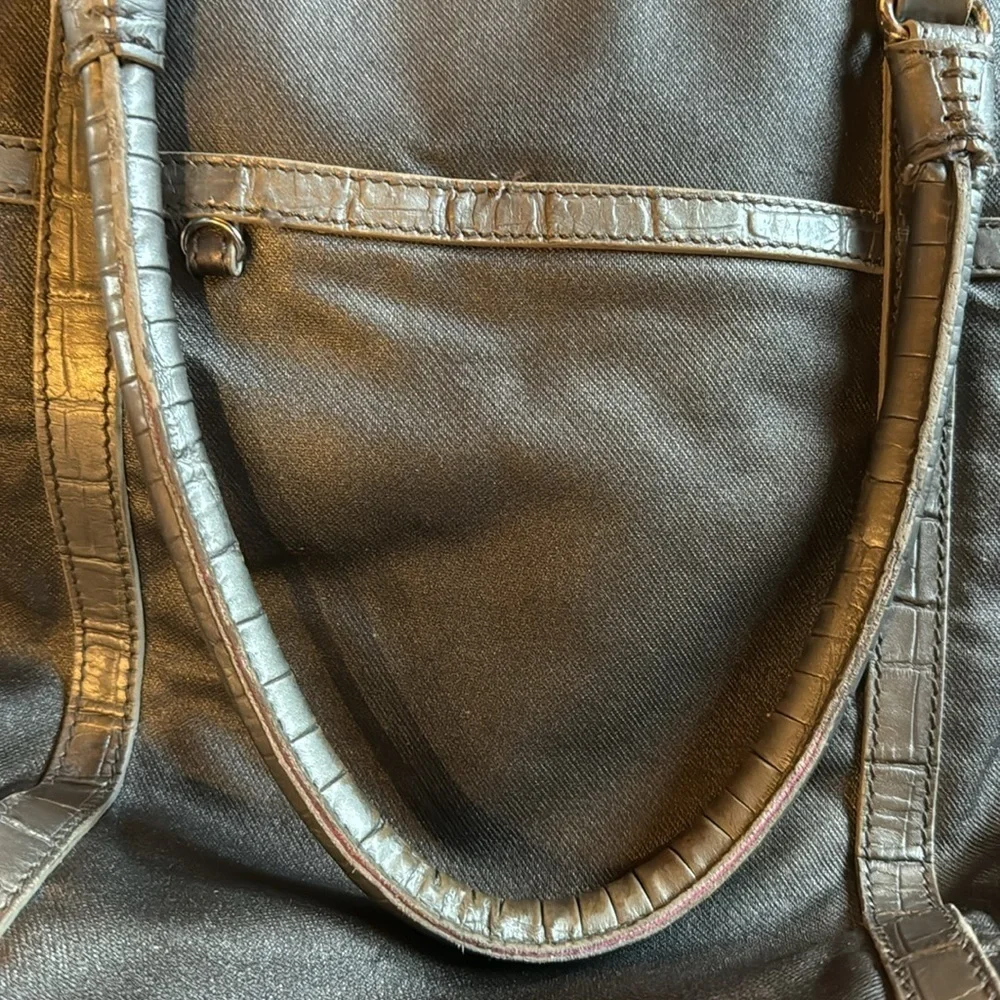 Brighton Silver Coated Canvas Satchel Tote Leather Trim Large Bag Rare